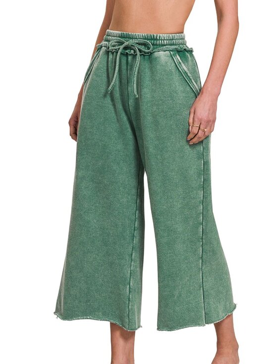 NTW Ladies Dark Green Acid Wash Fleece Palazzo Drawstring Waist Sweatpants - Picture 2 of 2